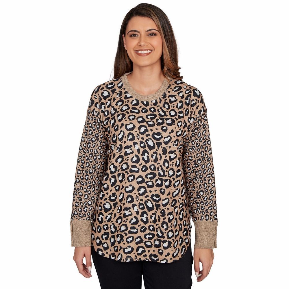 Ruby Rd. Women's Sweater Trimmed Cozy Animal Print Top Size large petite
